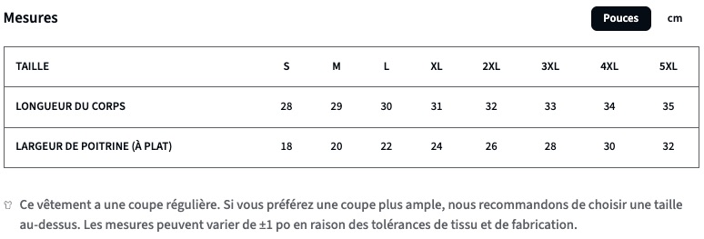 Mesures t-shirt homme