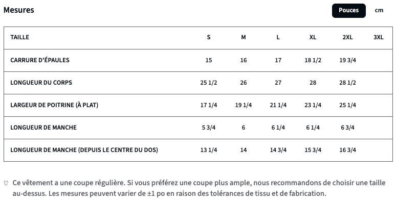 Mesures t-shirt femme